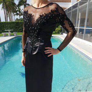 Vintage 80s illusion mesh rhinestone peplum gown